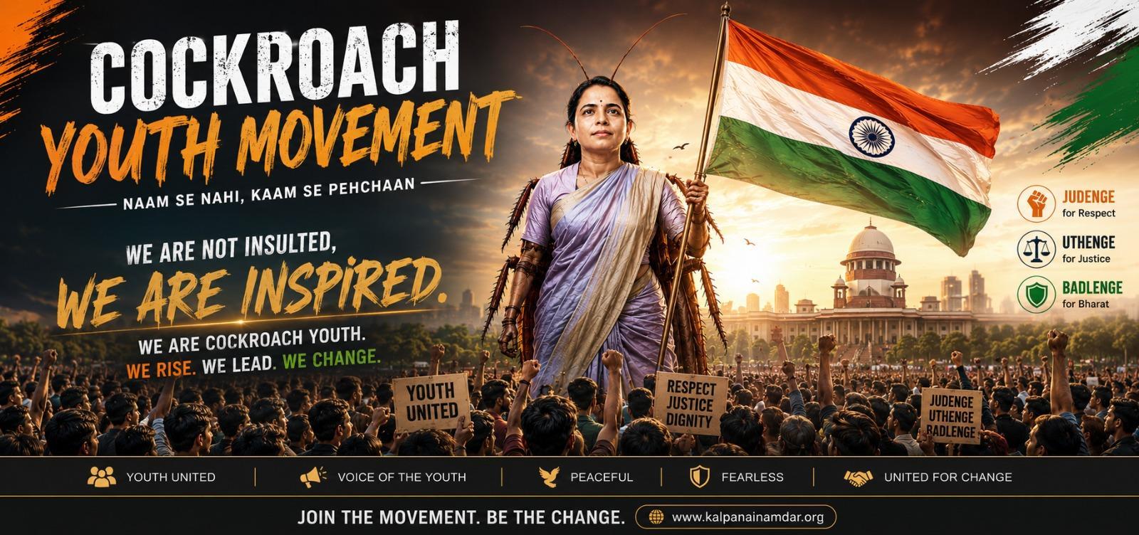 Cockroach Youth Movement banner with leader, Indian flag, crowd, and movement slogans